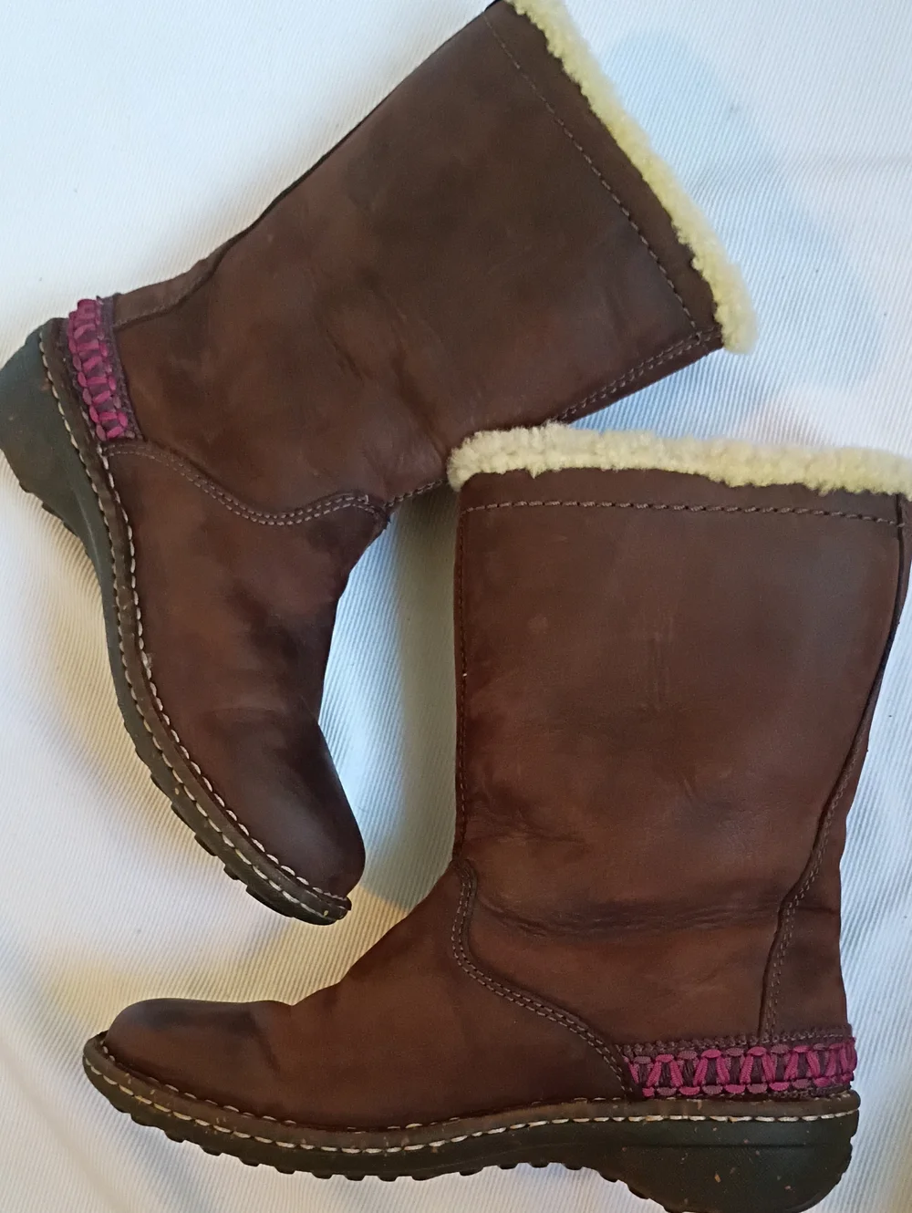 UGG Brown Leather Shearling-Lined Mid-Calf Boots with Purple Accents